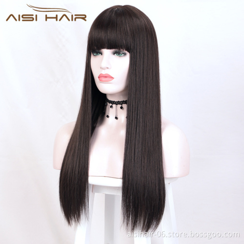 Aisi Hair Top Quality 24 Inch Long Silky Straight Black Lace Wig With Bangs Cheap Synthetic Hair Lace Front Wigs For Women